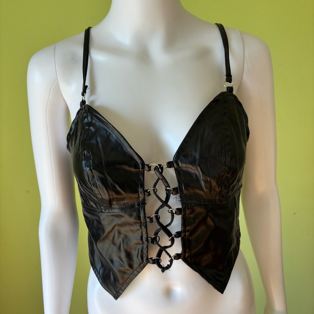 HEARTS ROB BLACK VEGAN LEATHER CORSET LACE UP TANK TOP SIZE LARGE GOTH FESTIVAL
